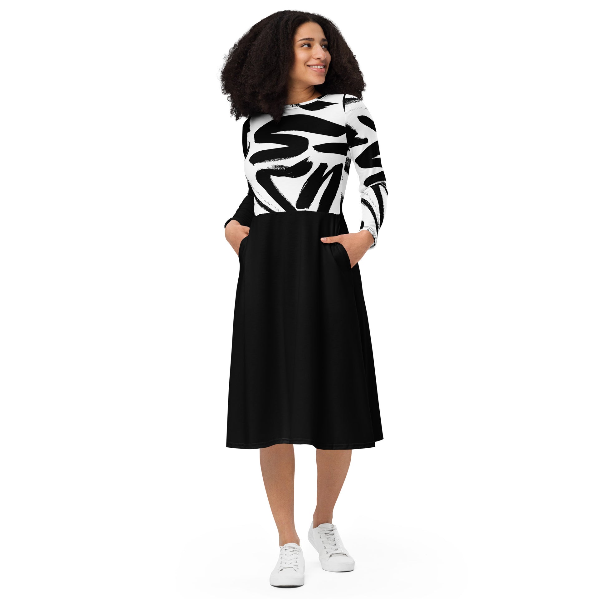 Black and White long sleeve midi dress 6XL