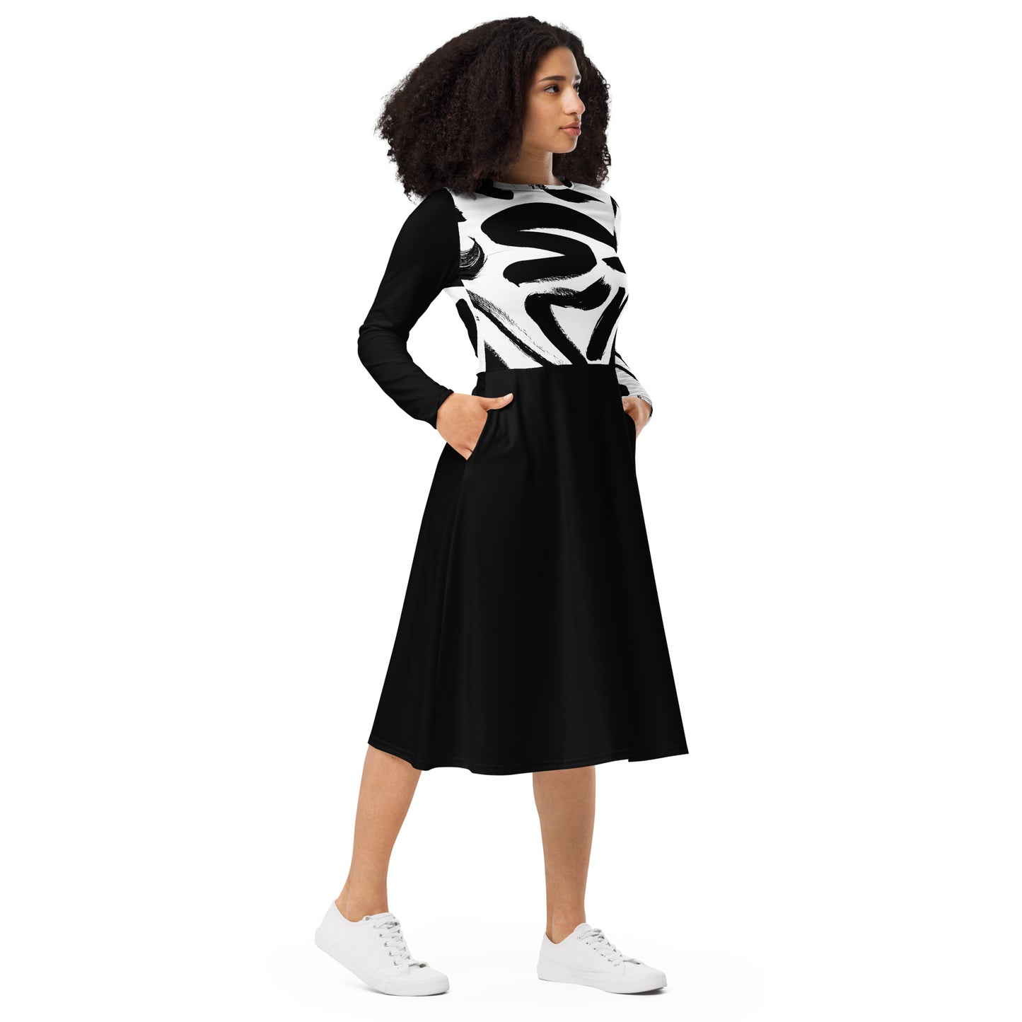 Black and White long sleeve midi dress